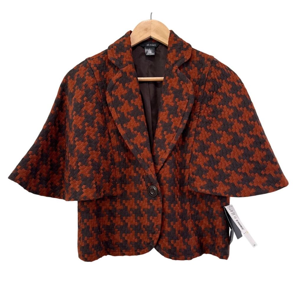 NWT Ali Miles One Button Woven Cape Sleeve Blazer Size 4 Cropped Houndstooth